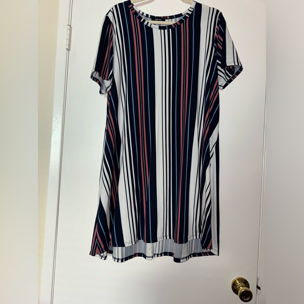 Ross: MRT 1030 blue, pink, white vertical stripe tshirt dress